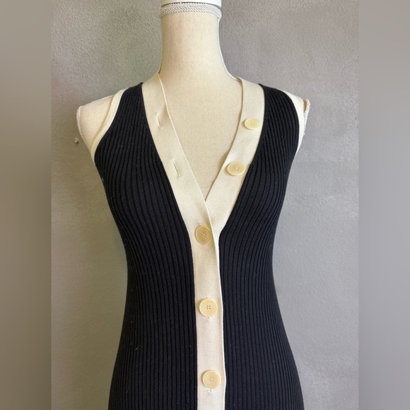 SANDRO Black White Ribbed Knit Beige Button Placket Gabriel Maxi Dress Size 34 - Picture 9 of 12